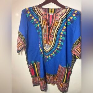 Dashiki Shirt Tunic Top Royal Blue Multi-Color Unisex Hippie Boho Tribal Pockets